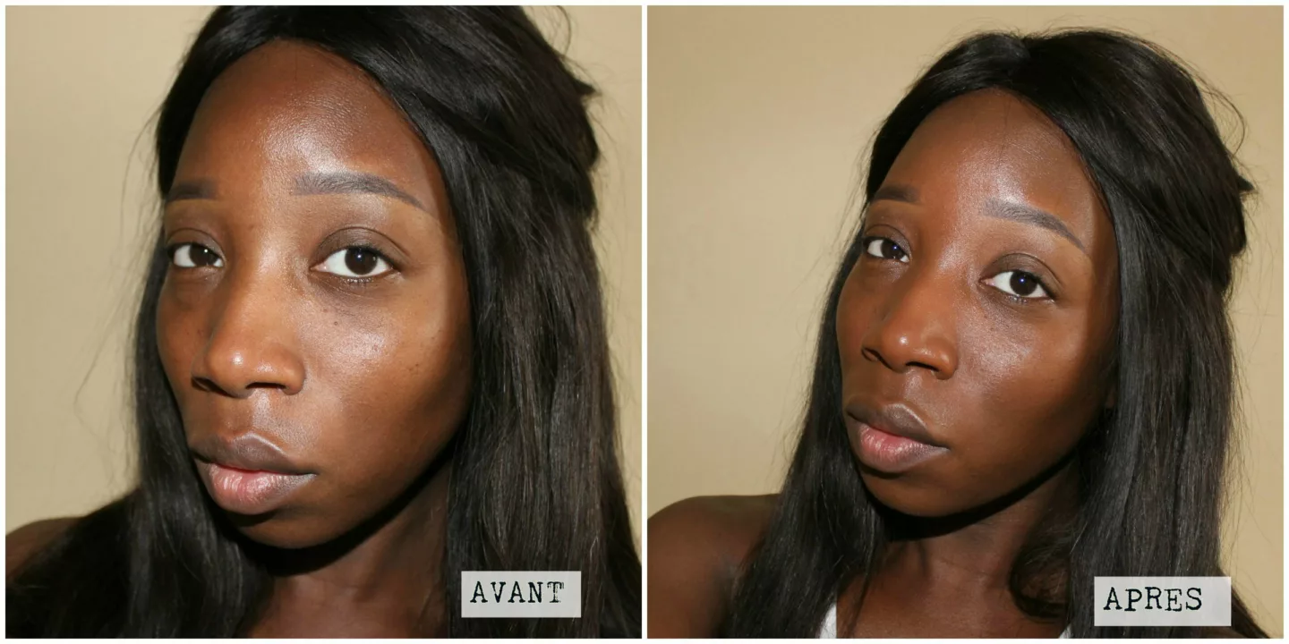 Avant et après le fond de teint Armani Luminous Silk sur peau noire