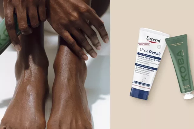 Pieds hydratés sur peau noire avec la crème pieds KOBA, et les crèmes Eucerin UreaRepair et KOBA Bottom Up contre les callosités