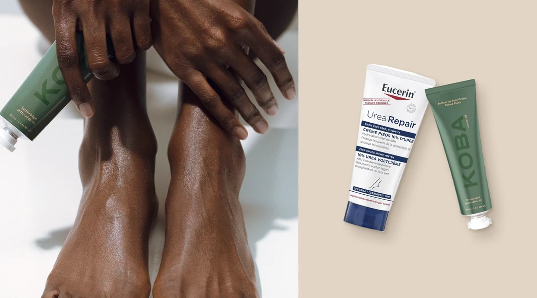 Pieds hydratés sur peau noire avec la crème pieds KOBA, et les crèmes Eucerin UreaRepair et KOBA Bottom Up contre les callosités