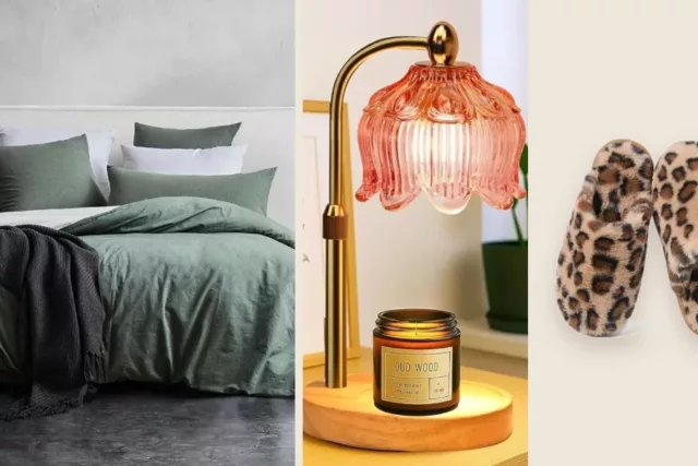 Chambre cocooning : parure de lit en coton lavé vert, lampe chauffe-bougie et chaussons léopard