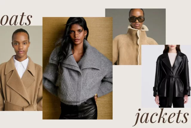Collage manteaux et vestes d'hiver : veste Isaac grise Sézane, manteau Harvard et veste Kleber Soeur, trench court en cuir Nera Nour Hammour
