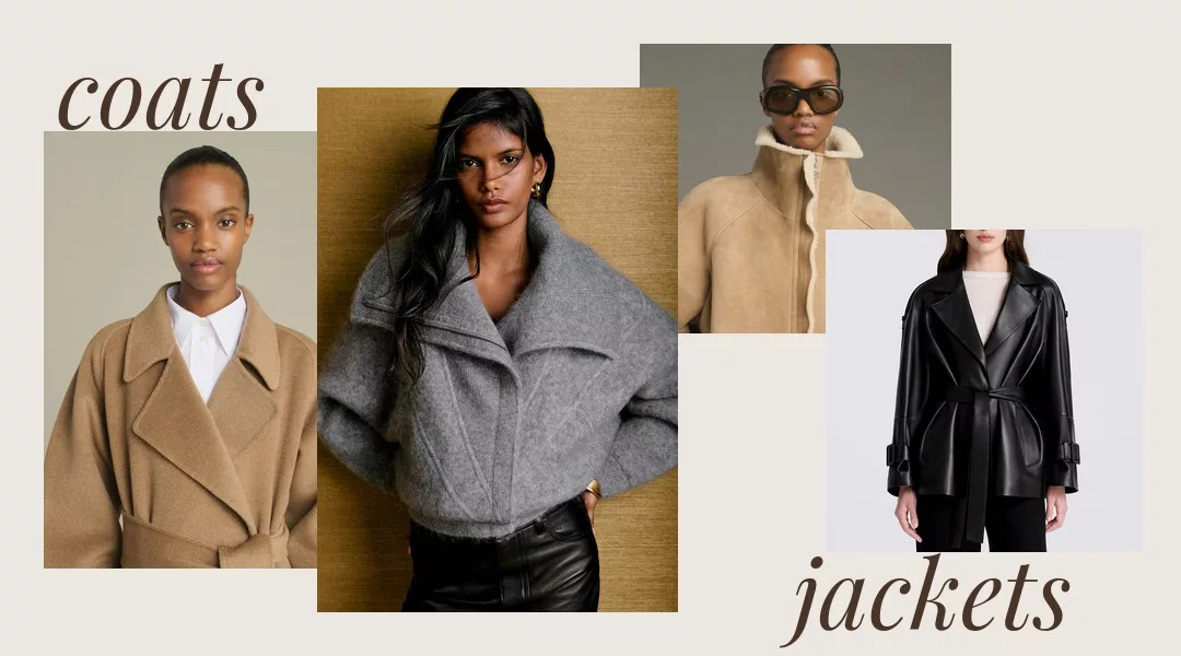Collage manteaux et vestes d'hiver : veste Isaac grise Sézane, manteau Harvard et veste Kleber Soeur, trench court en cuir Nera Nour Hammour