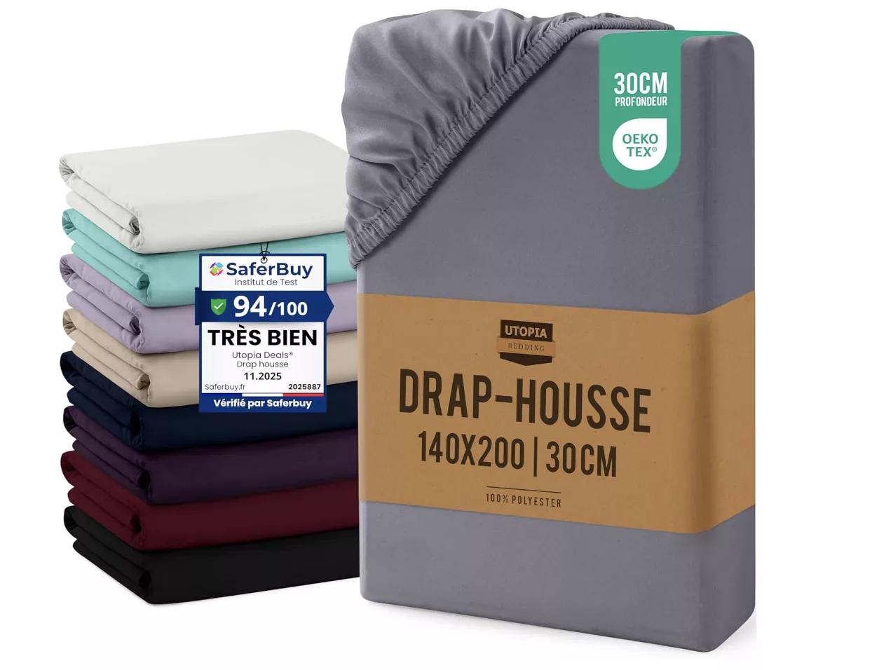 Drap housse gris 140x200 bonnet 30 cm