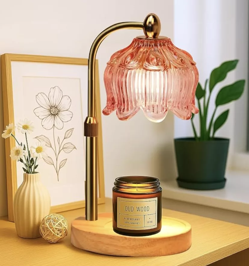Lampe chauffe-bougies abat-jour en verre rose