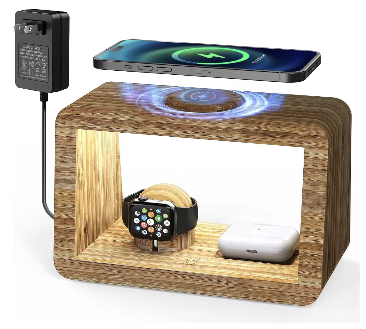 Station de charge en bambou pour téléphone, montre et écouteurs